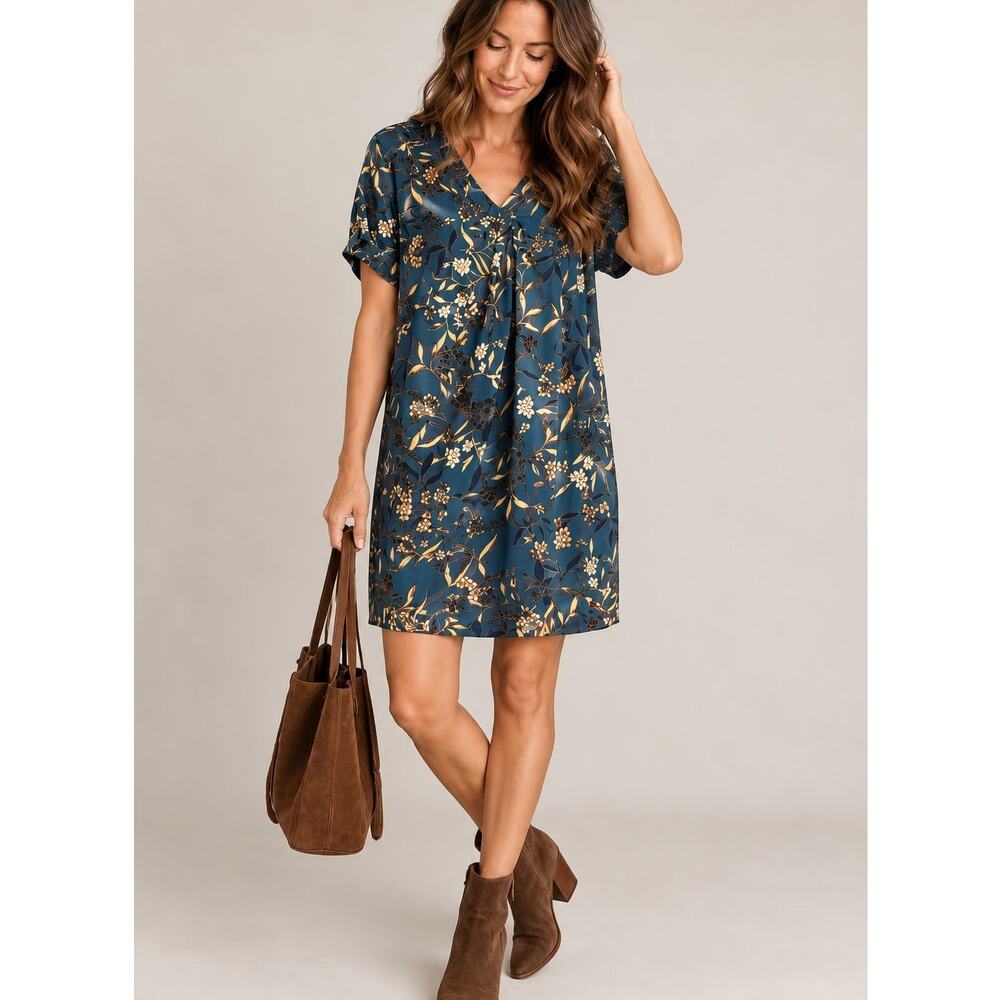 Amour Vert 100% Silk Floral Shift Dress S Teal Botanical Made in USA